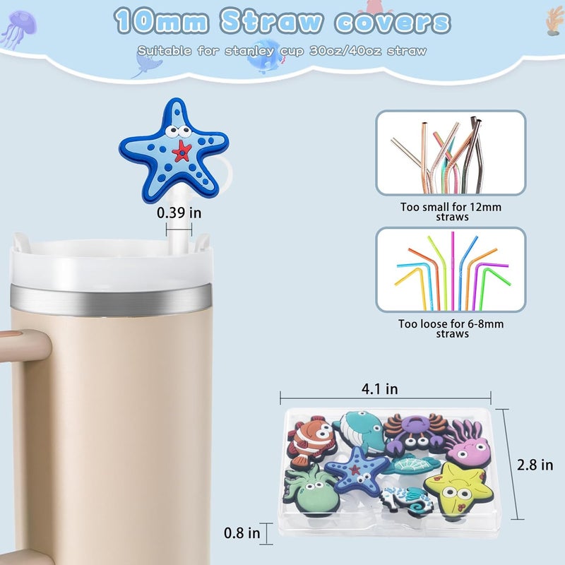 yomanta 9PCS Straw Covers for Stanley Cup Tumbler 30 oz / 40 oz Leak Proof Straw Toppers 10mm Silicone Sea Animal Caps for Stanley Cup Accessories-Marine Wildlife - Image 3